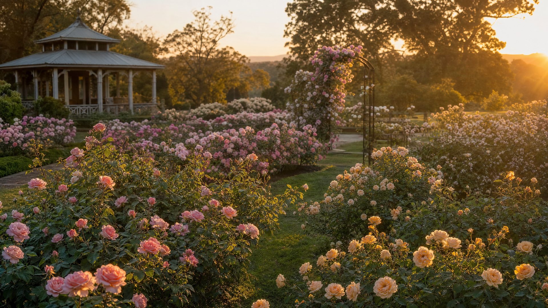 Grandiflora rose garden at golden hour